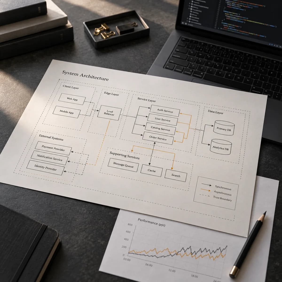 A software architecture diagram and laptop on a charcoal engineering workbench